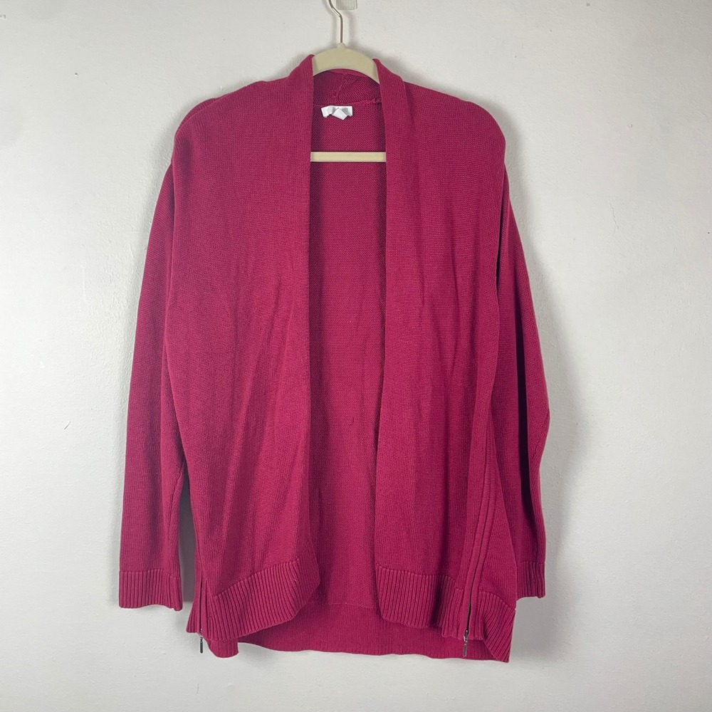 J.Jill Magenta Knit Open Front Cardigan Sweater Size Large Cotton Zipper Accents